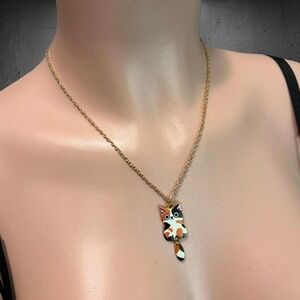 Gold Tone Calico Cat Pendant Necklace